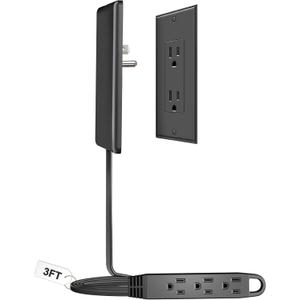 3FT Ultra Flat Plug Extension Cord Power Strip with 3 Outlets, Patented Detachable Ultra-Thin Outlet Cover Concealer & Ultra-Flat Plug, Max. 13A 125V 1625W ETL Listed, Black Color