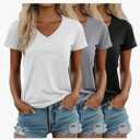 Ficerd 3 Pack Women's V Neck T Shirts, Summer Casual Short Sleeve Tops Loose Fit Rolled Sleeve Tees Trendy Shirts, Size Small