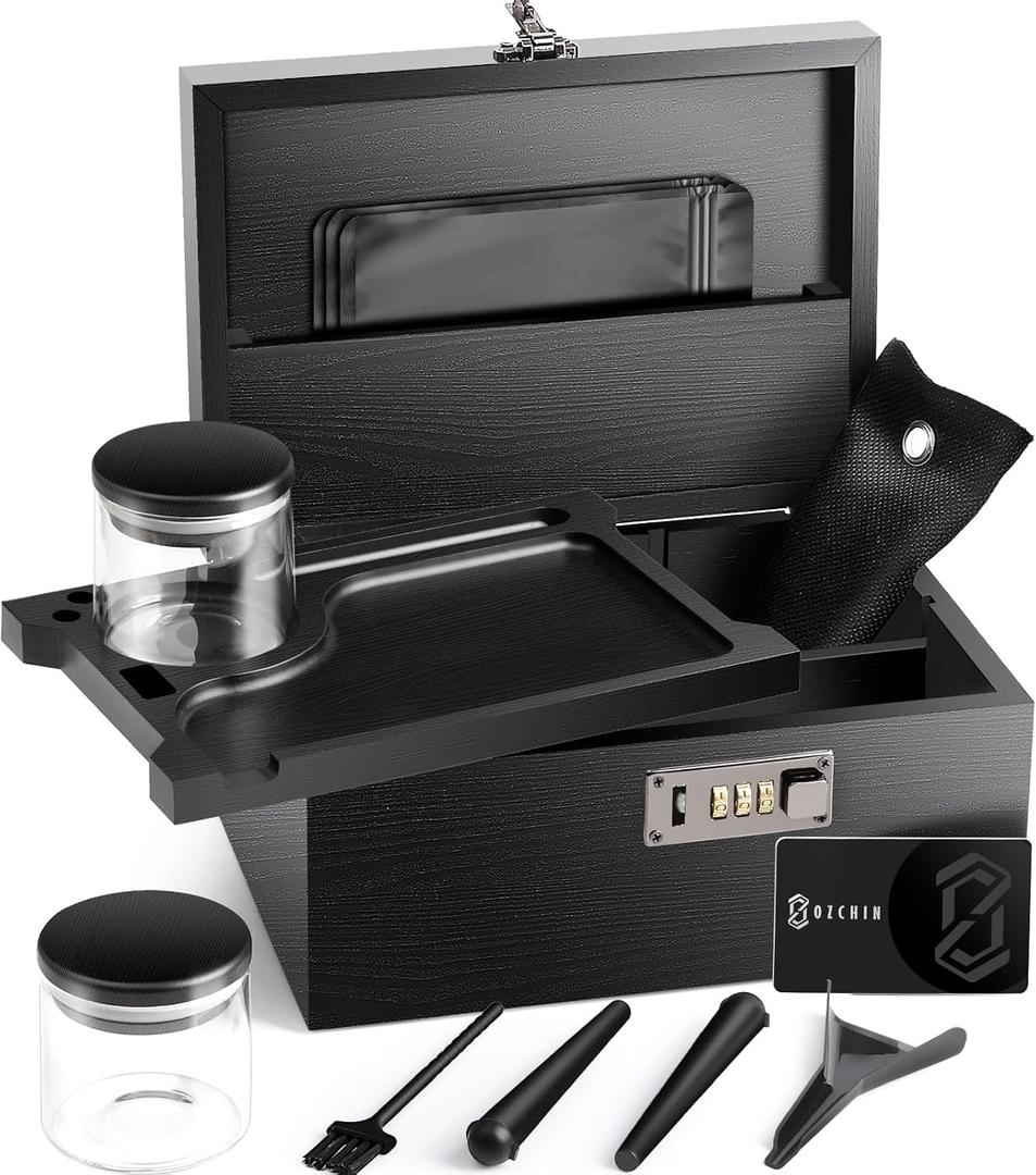 OZCHIN Large Bamboo Box with Combination Lock Decorative box for Home Great Gift Choice Storage Lockbox with Storage Jar, Christmas Gifts for Men Women (10 x 6.9 x 5 inches, Black)