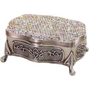 Luxury Crystal Metal Vintage Decorative Jewelry Box  Rhinestone Elegant Alloy Jewelry Case Organizer Holder Storage for Earrings, Bracelets, and Accessories (Silver)