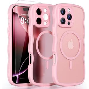 QVLANG Case for iPhone 16 Pro Max, Cute Wave Cover Case, Upgraded[Full Camera Protection][Compatible with Magsafe][Military Grade Protection][Translucent Matte] Phone Case for Women Girls, Peach Pink