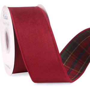 Ribbli Dark Red Velvet Wired Ribbon with Red GreenTartan Plaid Reversible 2.5 Inch Christmas Ribbon for Gift Wrapping Christmas Tree Decoration Crafts Wreaths Supplies-Continuous 10 Yards