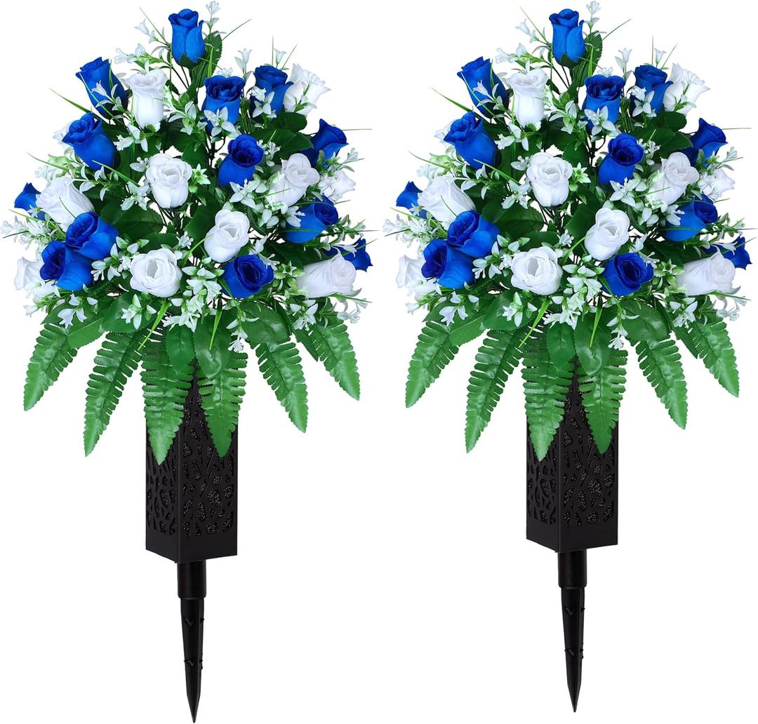 Artificial Cemetery Flowers, Gravesite Decoration Roses, Memorial Bouquets with Cemetery Vase, Vibrant and Long-Lasting Colors (Dark Blue+White, 2 Bundles)