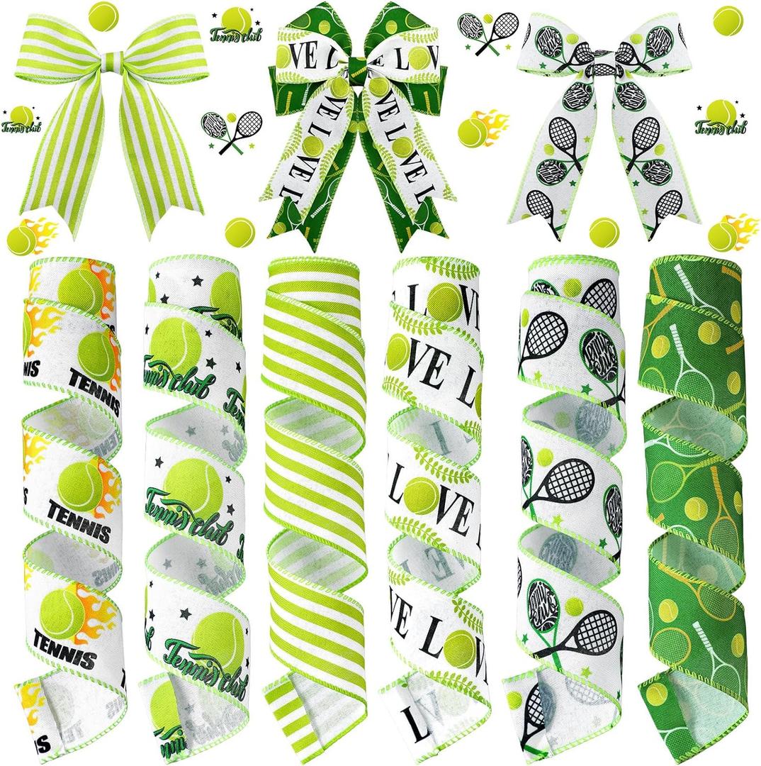 Juexica 6 Rolls 30 Yards Tennis Wired Edge Ribbon Sports Ball Burlap Green White Stripes Ribbons Party Decorative for Bow Sewing Wreath Sport Events DIY Crafts Gift Wrapping Home Decor
