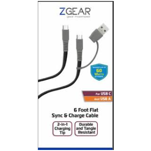 ZGear 6 Foot Flat Sync & Charge Cable For USB C To USB A