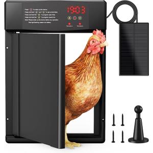 Automatic Chicken Coop Door Solar Powered, 15.15" H x 10.62" W, with Timer, Light Sensor & LED Display, Anti-Pinch Design, Windproof & Weatherproof for All Seasons (Black)