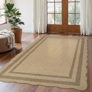 LIVEBOX Scalloped Washable 5x7 Rug, Easy Jute Tan Rugs for Living Room, Indoor Geometric Rug for Bedroom, Outdoor Farmhouse Non-Slip Rug Dining Room Mat Morden Carpet Area Rug for Home Office (Tan/Border 2)