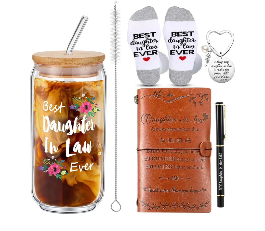 Teenyyou 5 Pcs Daughter in Law Christmas Gifts from Mother in Law 16 oz Drinking Glass, Best Daughter Ever Socks Keychain Hardcover Leather Journal with Ballpoint Pen for Birthday Mother's Day