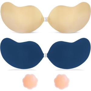 Invisible Sticky Bra Strapless Adhesive Bras Silicone Stick on Push Up Seamless Reusable Backless Bra for Women 2pack (Beige + Navy)