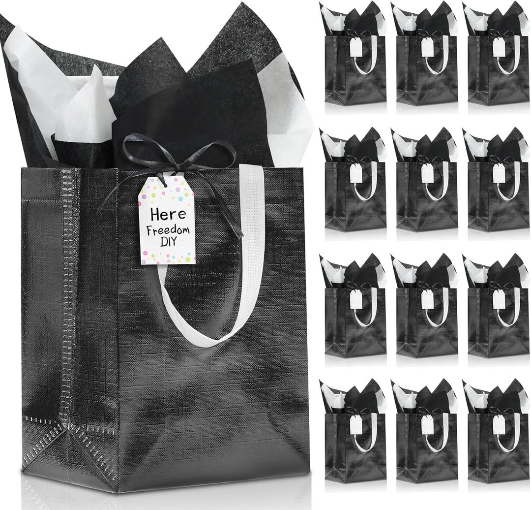 KeerxunBag Graduation Party Black Reusable Favor Bags - 12-Pack (10x4x8 Inch) Includes Ribbon, Cardstock, Labels & Black/White Tissue (Black -Set of 12 -Medium Size)