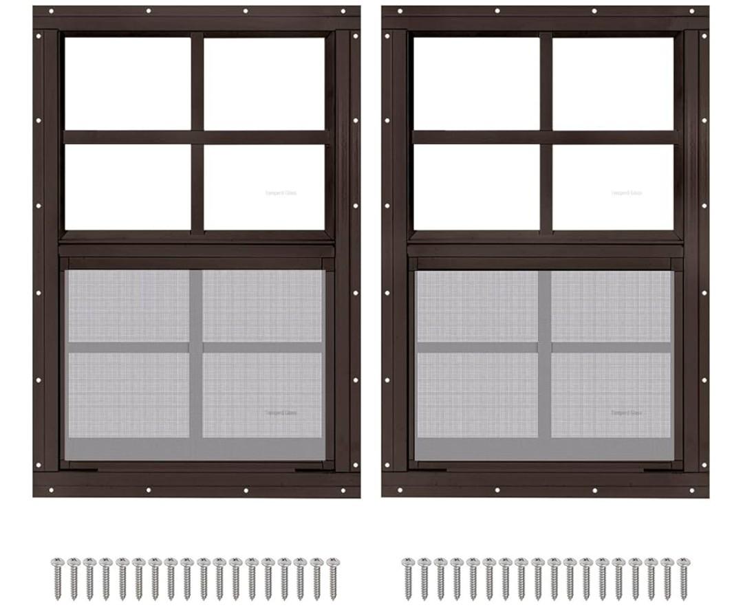 2 Pack 16" x 16" Brown Shed Window with Tempered Glass Household Windows with Screws for Shed, Chicken Coop, Playhouse, Garage and Barns(No Screen)