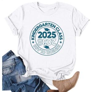Class of 2038 Shirts Women First Day of Kindergarten Teacher Shirt Grow with Me Short Sleeve Gift Tee Tops (White, XL)