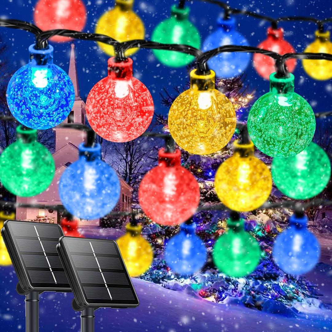 Multicolor Solar Christmas String Lights Outdoor, 2-Pack 100 LED 64FT Crystal Globe Solar Lights Outdoor Waterproof with 8 Lighting Modes, Christmas Decorations for Xmas Tree Wedding Patio Party