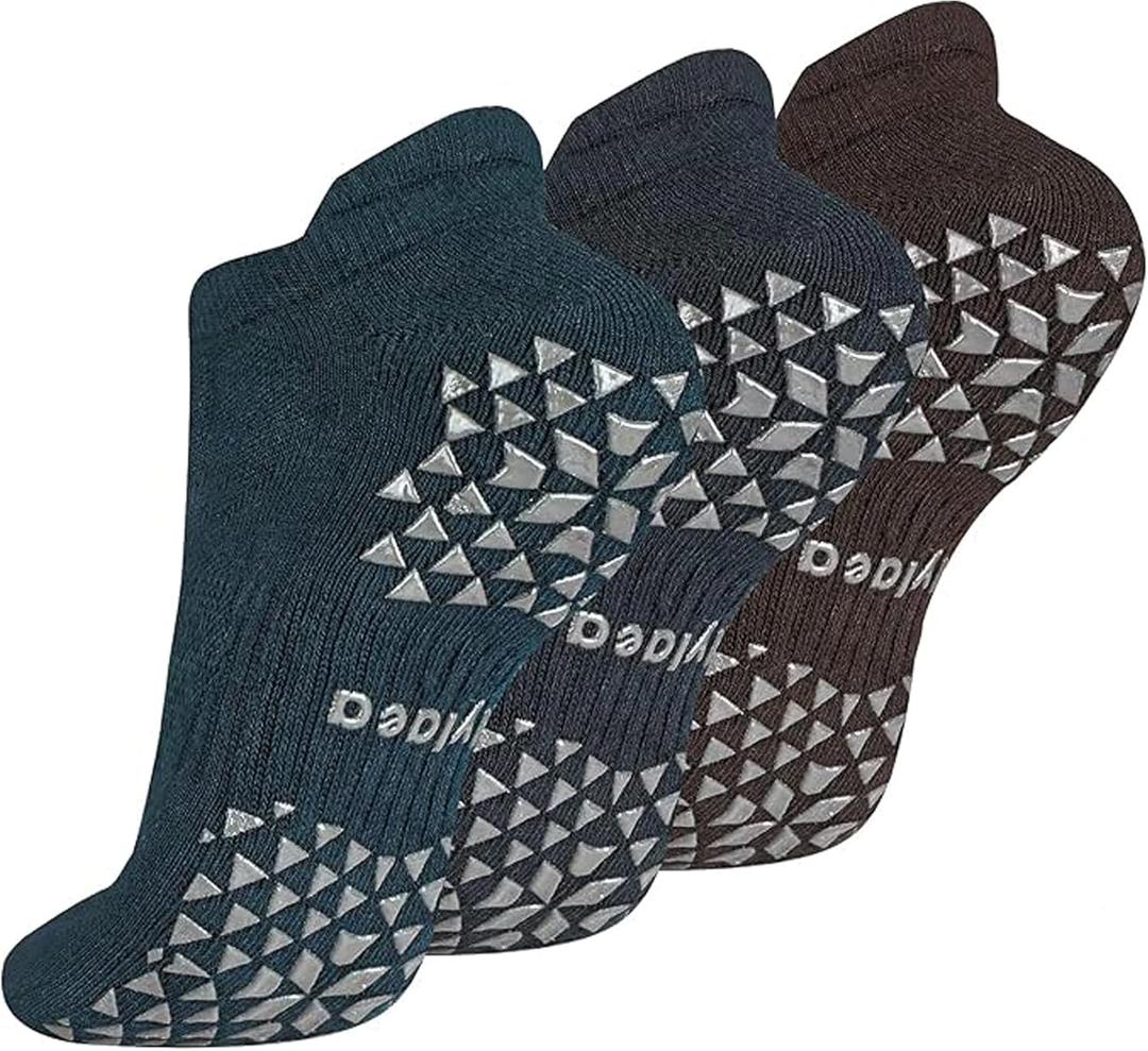 Hylaea Unisex Non Slip Socks with Grip for Yoga, Hospital, Pilates, Barre | Ankle, Cushioned (Small-Medium, 1. Dark Green Dark Grey Coffee (3 Pairs))
