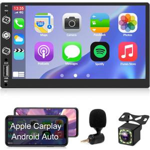 Double Din Car Stereo Radio with Backup Camera -Voice Control Apple Carplay & Android Auto, Bluetooth 5.3 Touch Screen Subwoofer Car Audio Receivers, 7 Inch HD MP5 Player with Mirror Link, USB/AM/FM