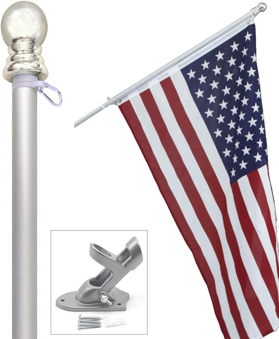 American flag and pole kit set: Includes a 3x5 ft US flag made in USA, 6 ft aluminum tangle free spinning flag pole with carabiners, and flagpole holder wall mount bracket (Silver)