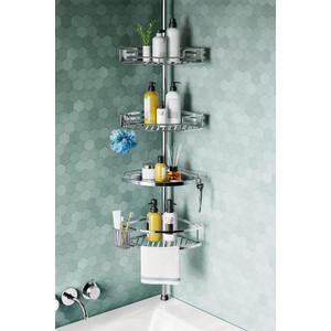 HAMITOR Corner Shower Caddy Tension Pole: Quick Installation 4-Tier Rustproof Bathroom Organizer Shelves for Bathtub Shampoo Storage - 47-121 inch Adjustable Floor Standing Bath Rack Holder - Silver