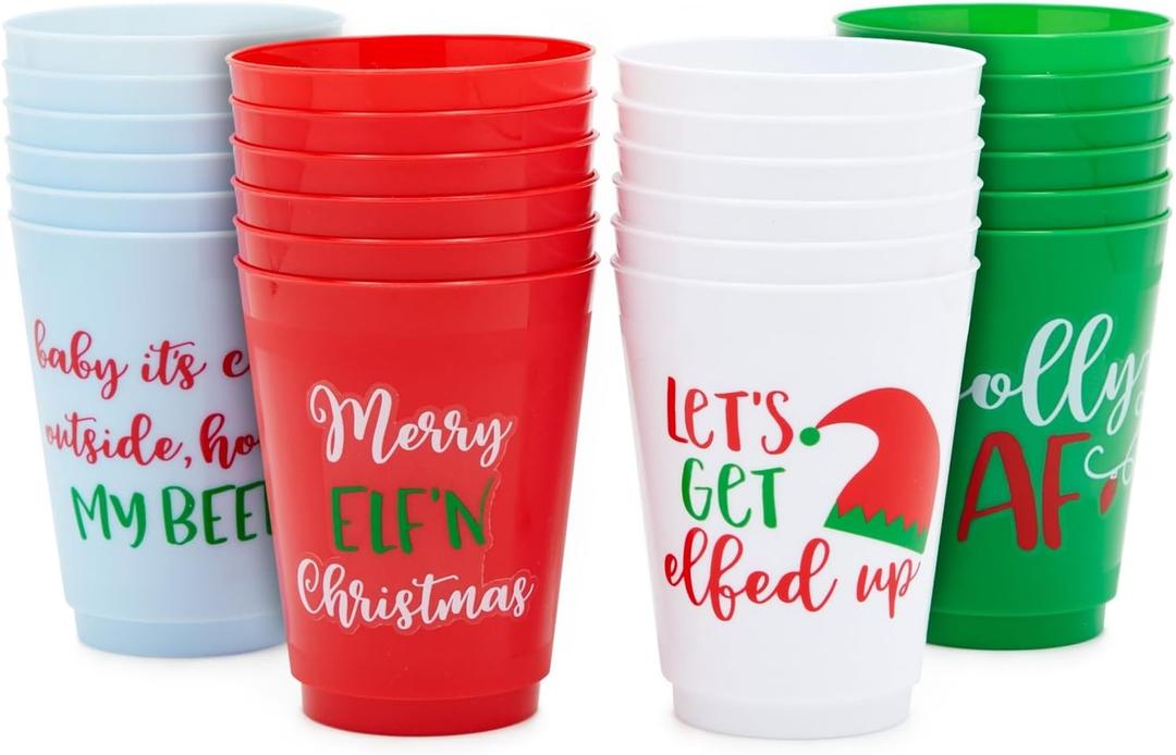BLUE PANDA 24 Pack Plastic Christmas Cups, 16oz Reusable Tumblers for Winter Holiday Xmas Party Supplies Decorations, Fun Festive Christmas Decorations for Party Gathering (4 Designs)