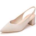 Frank Mully Women's Slingback Heels Pointed Toe Work Pumps Comfortable Chunky Pumps Knitted Closed Toe Stylish Dressy Shoes (9, Beige)