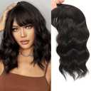 HYJ Hair Topper 14 Inch 360 3D Hair Toppers for Women Synthetic Curly Wavy Wispy Clip in Bangs-Dark Brown Highlight Chestnut
