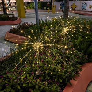 Solar Garden Firework Lights Outdoor Waterproof, 2 Pack 200 LED 8 Lighting Modes Sparklers Solar Twinkling Starburst Lights for Yard Flowerbed Pathway Fence Decorations, Warm White