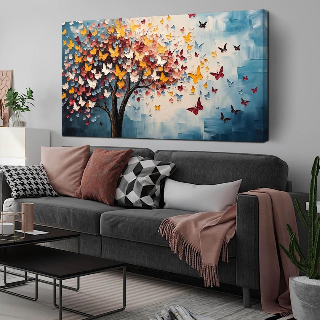 Butterfly Tree Canvas Wall Art for Living Room Bedroom Home Office Blue Colorful Tree of Life Wall Art Modern Large Framed Canvas Prints Size 29x59 (29L" x 59W")