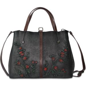 Genuine Leather Satchel for Women Top Handle Bags Handmade Purse Vintage Embossed Leather Crossbody Handbags Hobo Bag (Black-2)