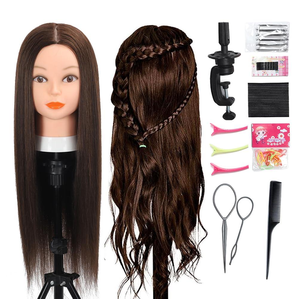 Opini 26-28Mannequin Head 80% Real Hair Manikin Head Cosmetology Doll Head for Styling Mannequin Head Human Hair (#4 Dark Brown)