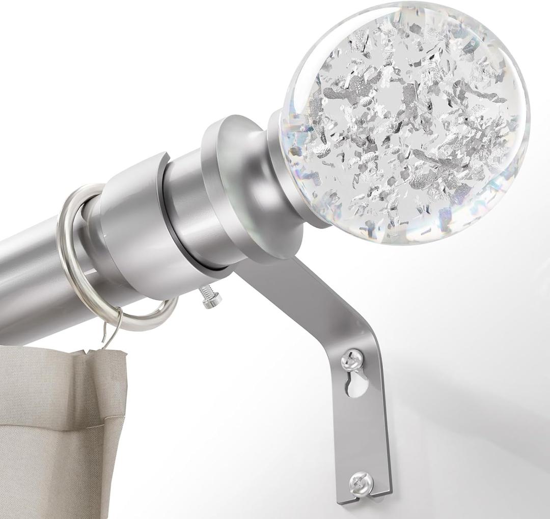 HAAYOT Silver Curtain Rods for Windows 48-84 Inches, Telescoping Drapery Rod Set, 1 Inch Diameter Rod with Silver Clear Ball Finial