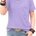 Girls Short Sleeve T Shirts Kids Summer Crew Neck Tops with Pocket Rolled Cuffs Loose Fit Casual Tees 5-14 Years