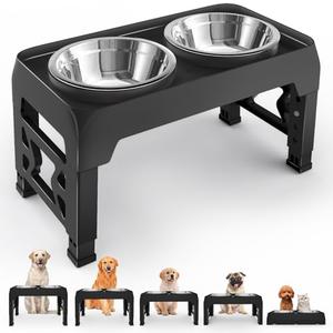 Moserein Elevated Dog Bowls for Medium Large Dogs - 5 Height Adjustable Mess Proof Raised Bowl Stand with 2 44oz Stainless Steel Food Bowls Dish Set Adjusts to 3.54’’-12.13’’ Non-Slip Black