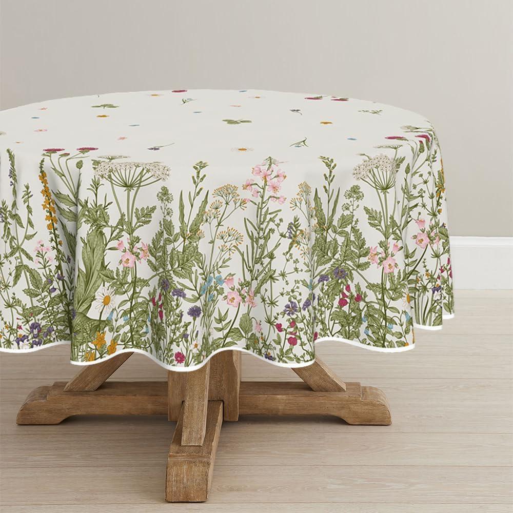 Horaldaily Spring Summer Tablecloth 90x90 Inch Round, Wild Flowers Floral Table Cover for Party Picnic Dinner Decor (Beige)