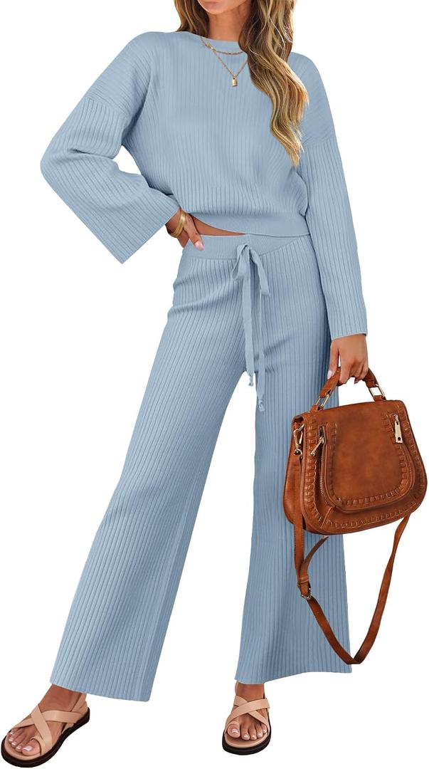 ZESICA Women's 2 Piece Outfits Set 2026 Casual Long Sleeve Knit Pullover Top and Wide Leg Pants Sweatsuit Lounge Sets (Blue, XL)