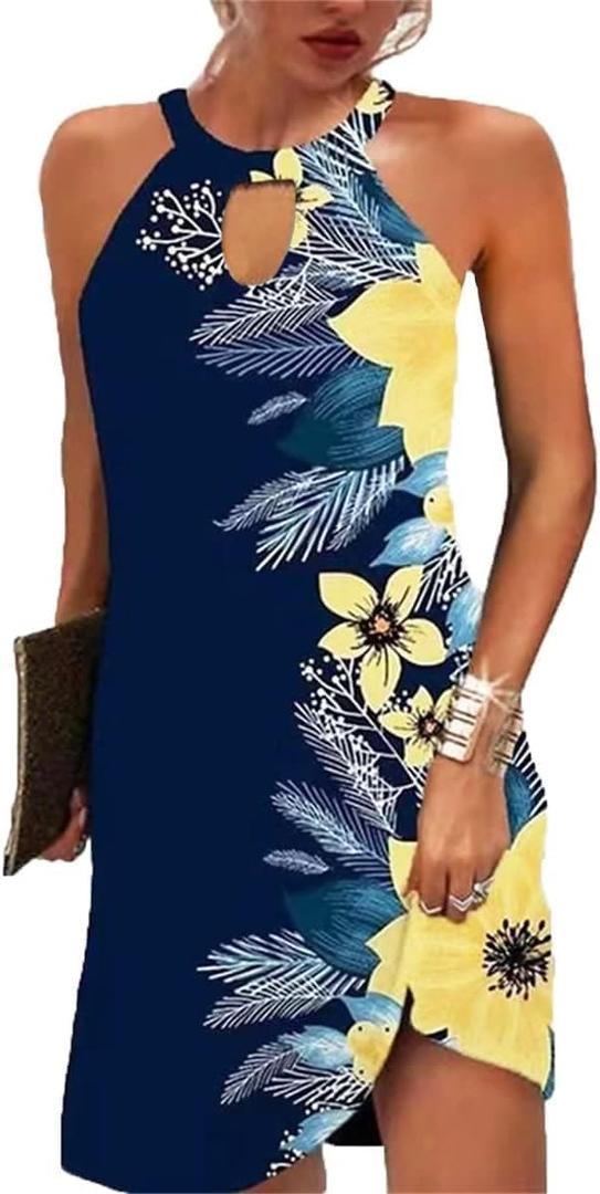 Halter Dresses for Women 2026 Casual Floral Print Summer Dresses Hollow Out A-line Sundresses for Beach Vacation (Blue Yellow, XL)