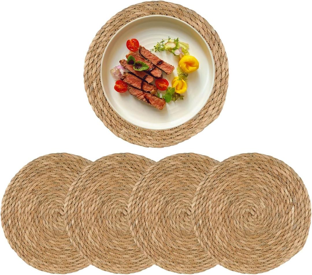 Round Woven Placemats Set of 4, 12" Boho Rattan Placemats Natural Hand-Woven Place Mats Table Decor, Chargers for Dinner Plates, Farmhouse Place Mats, Wicker Table Mats for Dining Table, Home