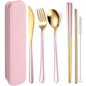 6 Pieces 18/8 Stainless Steel Flatware Set Portable Reusable Cutlery Set Travel Utensils Set Including Chopsticks Knife Fork Spoon Straws Cleaning Brush Dishwasher Safe (Pink golden)
