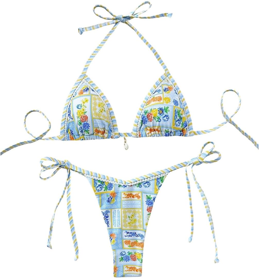 WDIRARA Women's 2 Piece Boho Triangle Bikini Set Halter String Swimsuits Beach Bathing Suit Set, Medium