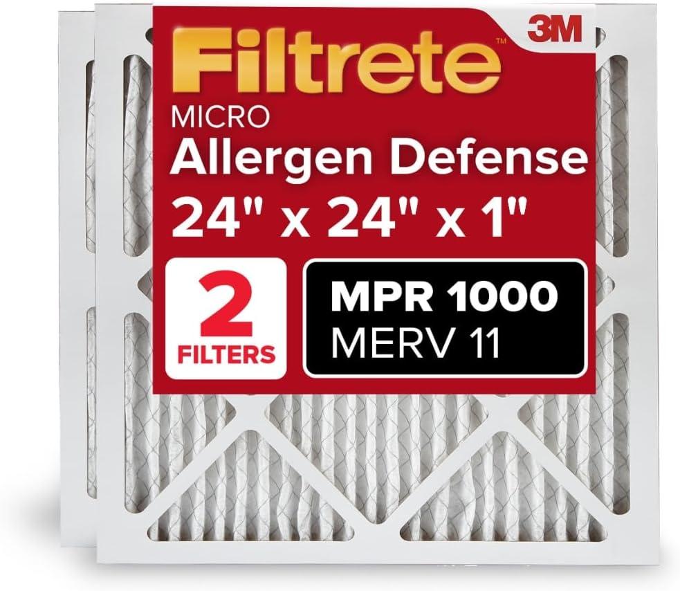 Filtrete 24x24x1 AC Furnace Air Filter, MERV 11, MPR 1000, Micro Allergen Defense, 3-Month Pleated 1-Inch Electrostatic Air Cleaning Filter, 2 Pack (Actual Size 23.81 x 23.81 x 0.81 in) (24x24x1)