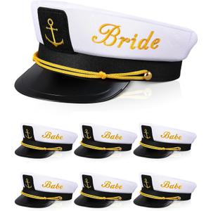 Jecery 7 Pcs Bride Babe Captain Hats Bachelorette Captain's Hat Nautical Bachelor Hat for Wedding Party Bridal Shower Gift Decor Boat Cap