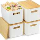 4 Pack Bamboo Lid Storage Bins - Stackable Plastic Containers for Organizing Desktop, Closet, Playroom, Classroom, Office, White