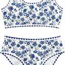 Women's 2 Piece Floral Print Bikini Set Y2K Tankini Set Boho High Waist Swimsuit Full Coverage Bathing Suit Beachwear (Large, Blue)