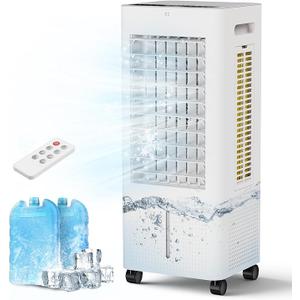 Portable Evaporative Air Cooler, 2.4Gal Tank, Fan & Humidifier, Remote, 4 Ice Packs, 3 Speeds, 4 Modes, 12H Timer