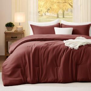 Queen Comforter Set Dark Red,3PCS Soft Lightweight Breathable Bedding Comforter for All Season, Queen Size(90''90'' Comforter & 2 Pillowcases)