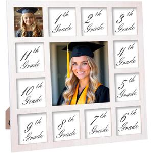 Graduation Decorations Class of 2025 School Year Picture Frame K-12 Collage Photo Graduation White Picture Frames for Wall Hanging and Table Top Display 13 Openings White k-12 Kindergarten to 12th Grade High 4x4 8x8