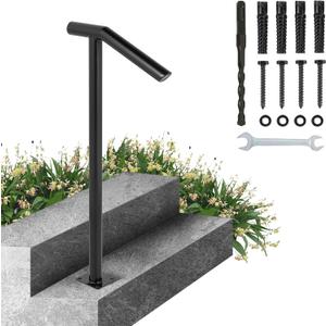 Happybuy Single Post 1-2, Black Steel Railing 330LBS Capacity Baking Varnish Metal Stairs Stylish Handrails for Outdoor Steps with Expansion Bolts & Drill Bit, Matte