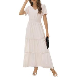 Zattcas Womens 2026 Long Summer Dress Short Flutter Sleeve V Neck Casual Smocked Tiered Modest Floral Boho Maxi Dress, L