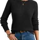 GRACE KARIN Women's Fall Knit Sweater Top, Long Sleeve Merino Wool Blend Pullover, Casual Crewneck Waffle Clothes 2025 (Black) XL