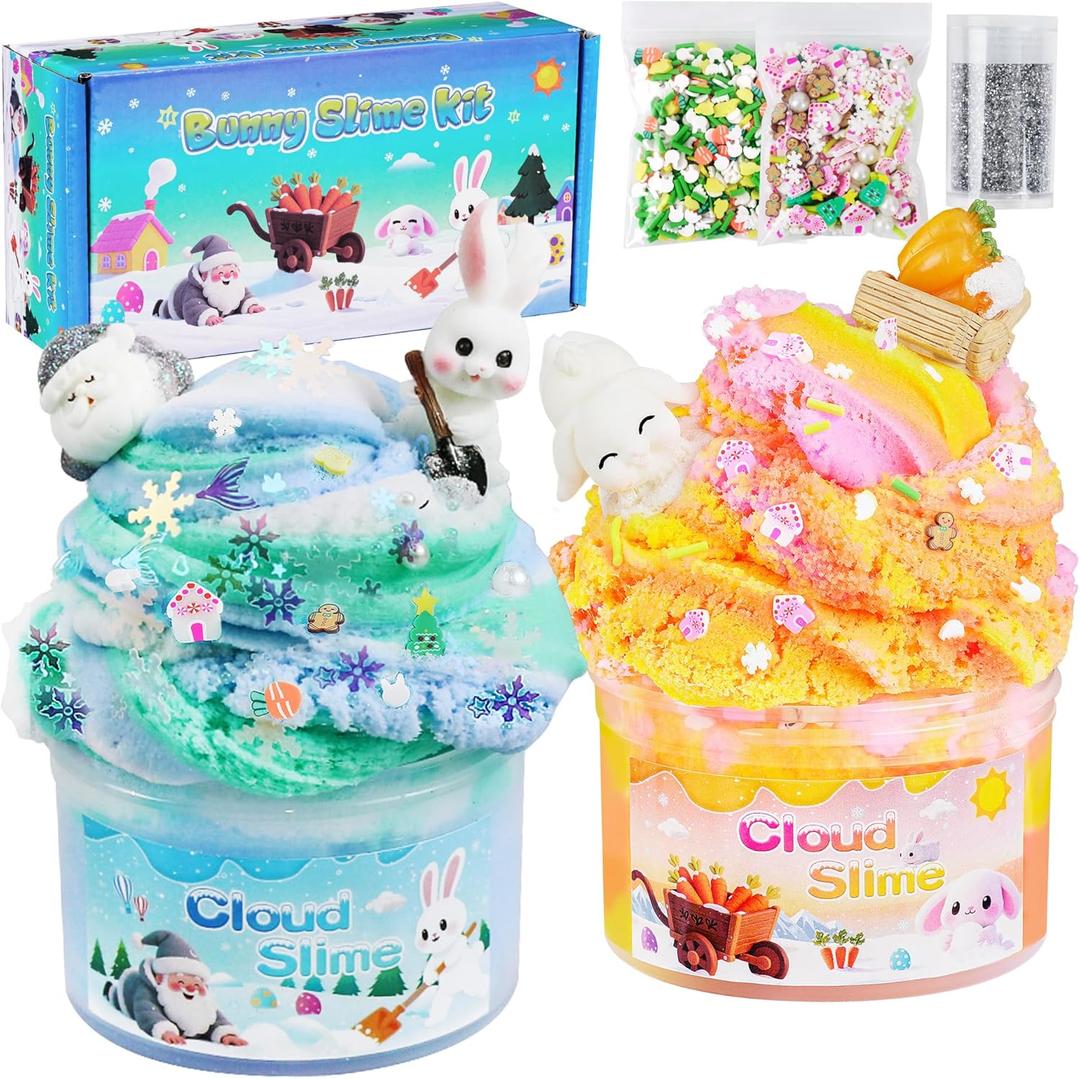 5 x Bunny Cloud Slime Kit 2 Pack, 14oz Easter Slime for Girls Ages 8-12, Mree Free Slime Toys for Girls and Boys, Fun Winter Slime Set Party Favors Goodie Bag Stuffers Birthday Easter Gift