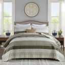 Finlonte Cotton Quilt Set, Striped Reversible Lightweight Bedspreads, 3-Piece, Green/Brown/Cream, Queen Size (Queen (90"x98"))