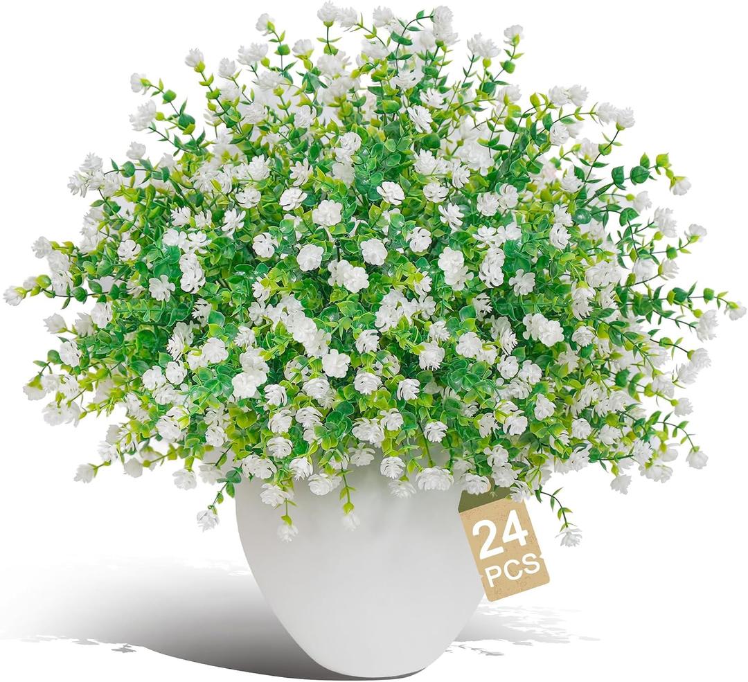 Artificial Flowers for Outdoors(24pac),Fake Plants,Fake Flowers,Artificial Plants & Flowers,Faux Flowers for for Front Porch Decor,uv Resistant Artificial FlowersWhite